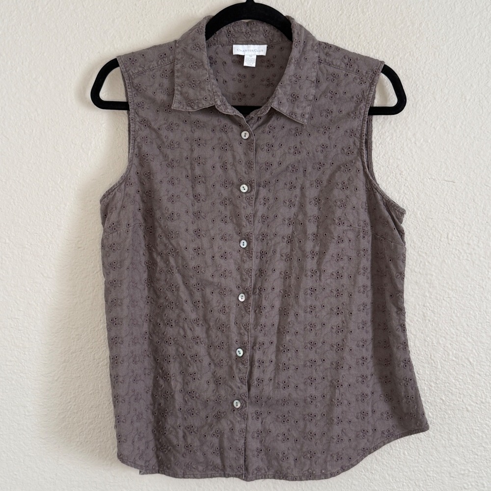 Womens 12 Grey Linen Cotton Eyelet Tank Earthy Granola Boho Indie Preppy Coastal